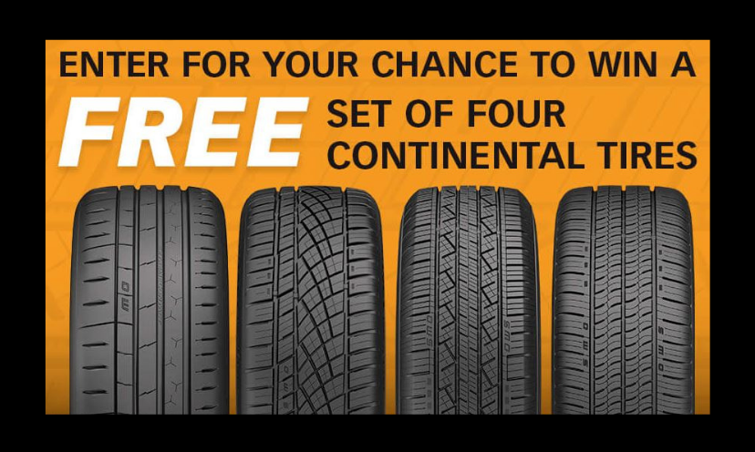 This photo starts with the text that says "enter for your chance to win a FREE set of four Continental Tires"...followed with a close up view of four tire options!