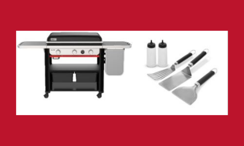 This photo shows an up-close view of the Weber griddle and accessories being offered in this sweepstakes prize package!