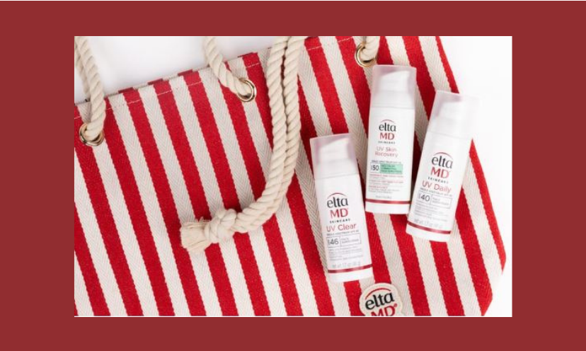 This is a bright and bold photo of the red and white striped beach bag beside a collection of the EltaMD skincare products offered in this giveaway!