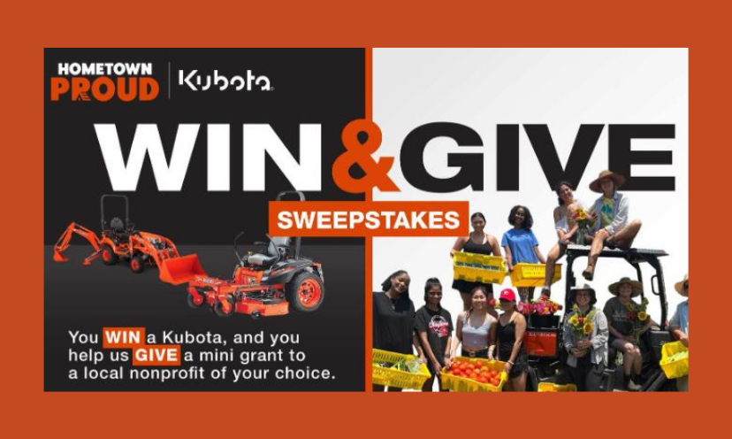 This photo is a solid advertisement for this giveaway. It shows the mower and tractor you could win and an additional pic of kids and adults giving of themselves. It also lists the name of the sponsor and the giveaway name: "win and give sweepstakes".
