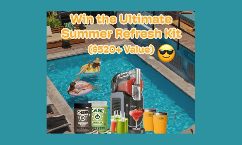 The goal of this photo is to encourage you to enter to win this summer inspired prize. It features a luscious pool, people on floaties and each prize in the giveaway is also pictured. The caption says "win the ultimate summer refresh kit...a $520+ value"!