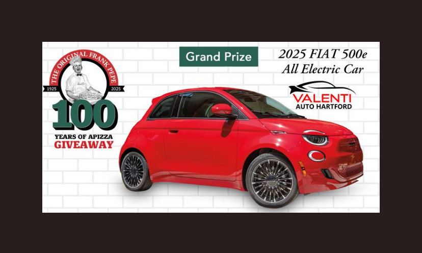 Though not the only prize...this photo shows the grand prize of a beautiful red Fiat along with the Original Frank Pepe-100 years of apizza giveaway logo!