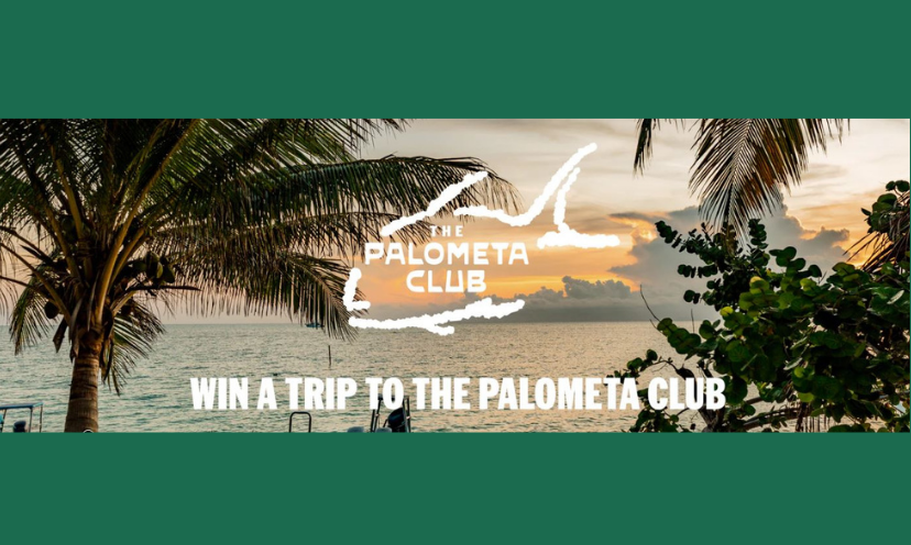 This photo features the gorgeous and pristine fishing destination offered in this giveaway. It shows palm trees and crystal clear water as the sun sets. The wording says "Win a trip to the Palometa Club"!