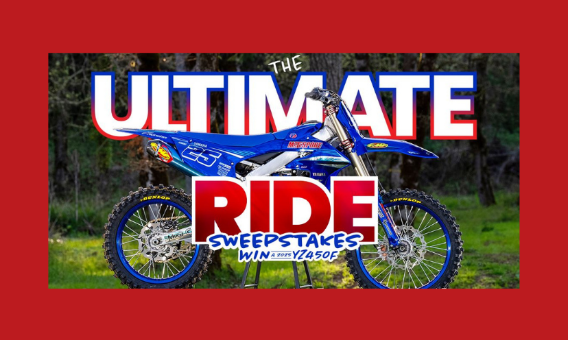 This is a photo of the flashy and dynamic Yamaha bike being given away in this sweepstakes. The ride here shines with an eye popping blue color and the wording says "The Ultimate Ride Sweepstakes"!