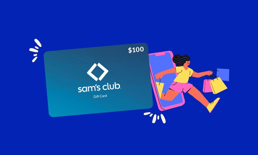 a graphic of a sams club gift card and a woman holding shopping bags