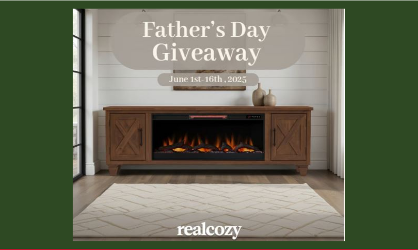 This photo features the TV and fireplace combo in this giveaway. The caption says "Father's Day Giveaway" followed by the sponsors name: RealCozy!