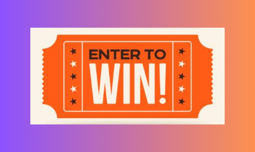 This is a photo of a ticket that says "Enter to Win! The "ticket" is orange with black and white stars down each side.