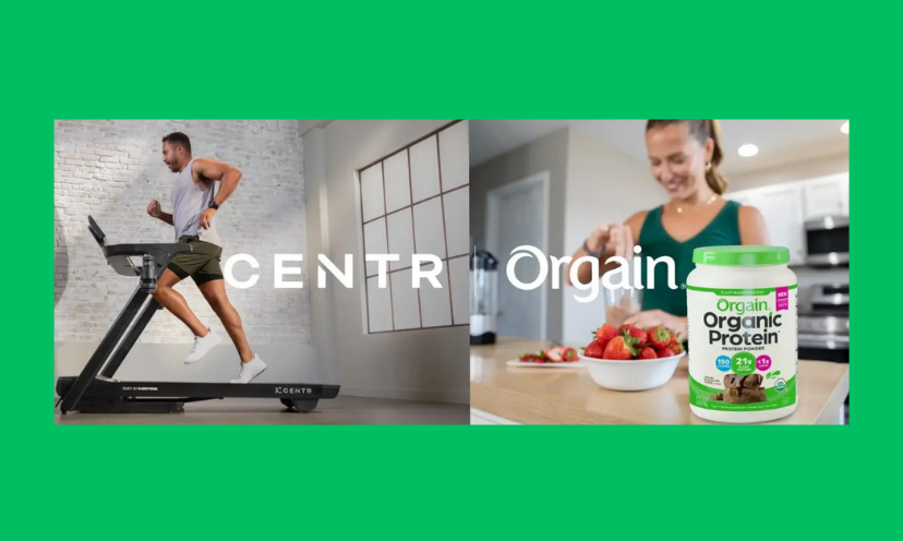 This photo features a man on a treadmill and a woman making a smoothie with the organic protein powder...both are prizes that are in this giveaway. The caption says "CENTR Orgain"!
