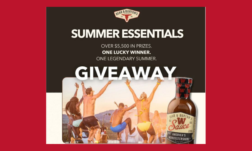 This photo features summer fun at its finest with a group jumping for joy as they play on the beach. The wording says "Summer Essentials, over $5,500 in prizes, one lucky winner, one legendary summer giveaway"!