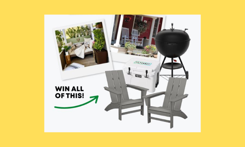 This photo says "win all this" and proceeds to show the Adirondak chairs, grill, cooler and ideas for a backyard retreat!
