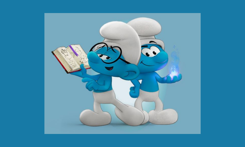 This is a whimsical photo of two of the lovable Smurf characters. One has a book in hand and looks as if they are making plans for the ultimate pool party offered in this giveaway!