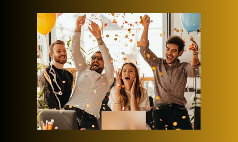 This photo is that of a true celebration. Confetti is flying and the four in the photo are ecstatic. Maybe a sweepstakes win? Sure looks like it! :)