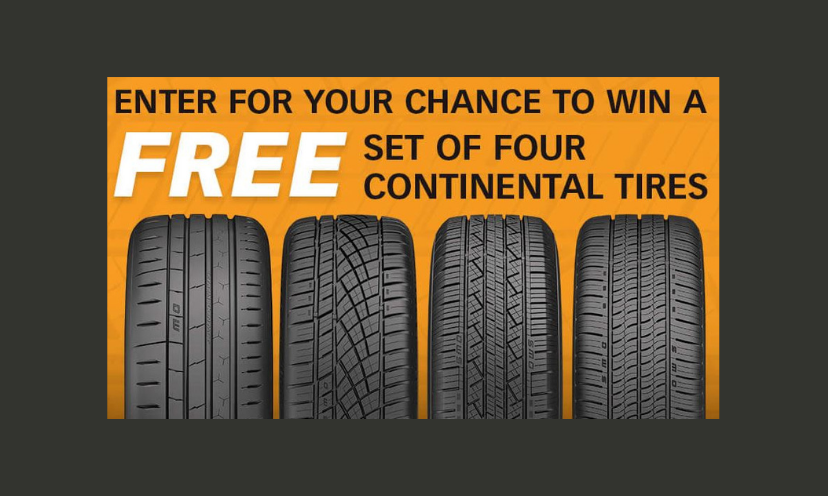 This photo features the four tires in the Smart Choice Tire Sweepstakes. The caption says "enter for your chance to win a FREE set of four Continental tires"!