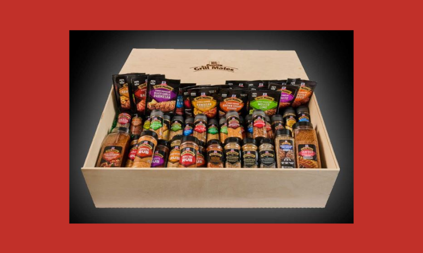 This is a photo showing the prize in this sweepstakes and that is a box filled to the brim with McCormick Grill Mates Seasonings!