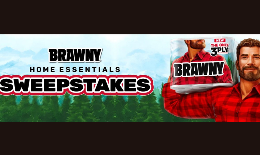This photo features the familiar, woodsy guy in his red and black plaid shirt that advertises Brawny products. He's holding a package of paper towels with mountains and forest trees in the background. The wording says "Brawny Home Essentials Sweepstakes"!