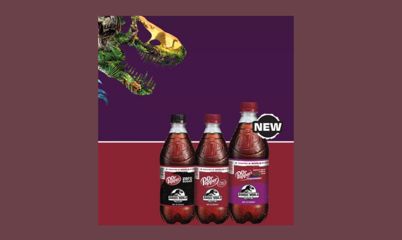 This photo represents the free Fandango movie code in this giveaway. Starting with the dinosaur in the top corner from the new Jurassic movie to the new Dr Pepper products below!