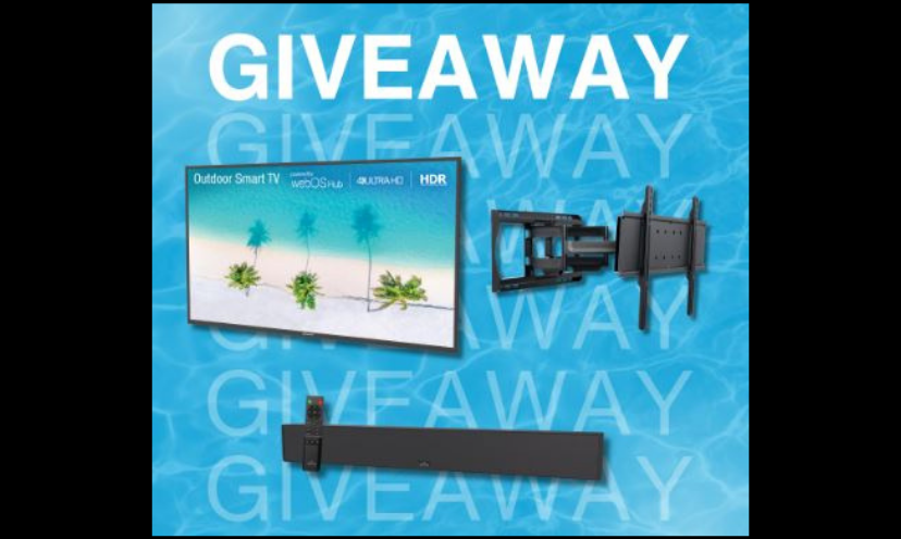 This photo starts with the catchy word "GIVEAWAY' and includes each prize in this one. The 65-inch outdoor TV, the soundbar and wall mount. This winner will have all they need for the best in outdoor fun!