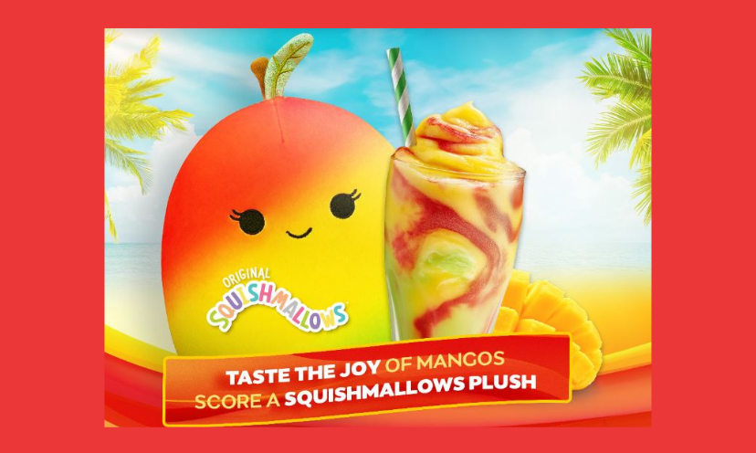 This is a photo of the adorable mango Squishmallow you could win. This one is pictured beside a luscious mango smoothie. The wording says "taste the joy of mangos...score a squishmallow plush"!