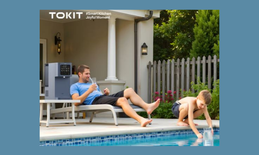 This is a photo of a dad relaxing by a pool while his son plays in the water. He is sipping on a refreshing glass of water with a TOKIT water filter system behind him. The caption says "TOKIT #smart kitchen joyful moment"!