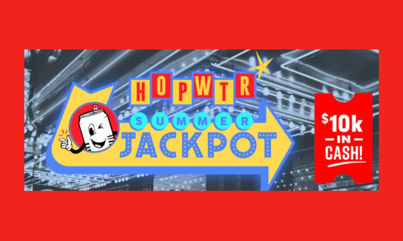 This bold and colorful photo features the HOPWTR logo with the wording "HOPWTR Summer Jackpot". Beside that cheerful presentation is the form of a ticket that says "10k in cash!"