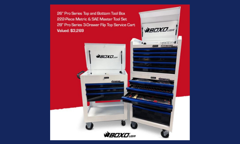 This photo features images of the tools and toolbox prize along with a list of each part of the prize. It is completed with the BoxoUSA logo!