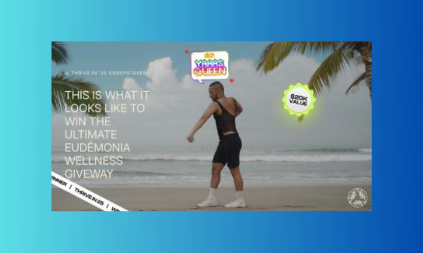 This is a photo of a happy winner standing on the beach. Surrounded by ocean waves and palm trees...the caption says "this is what it looks like to win the ultimate Eudēmonia Wellness Giveaway!"