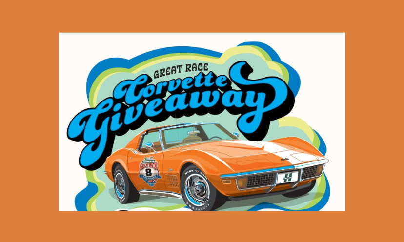 This photo represents an incredible giveaway as it features the 1972 orange Corvette that one winner will receive. The bold blue caption says "Great Race Corvette Giveaway"!