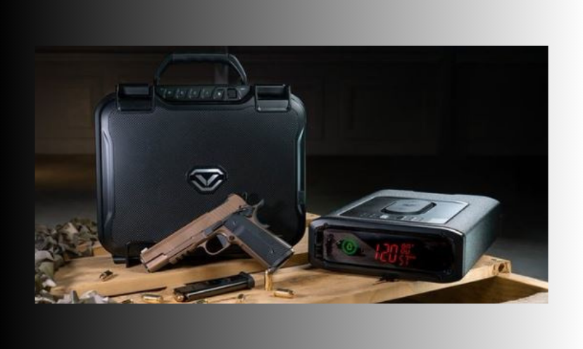 This photo features an up close view of the pistol and two types of safes for storage offered in this giveaway!