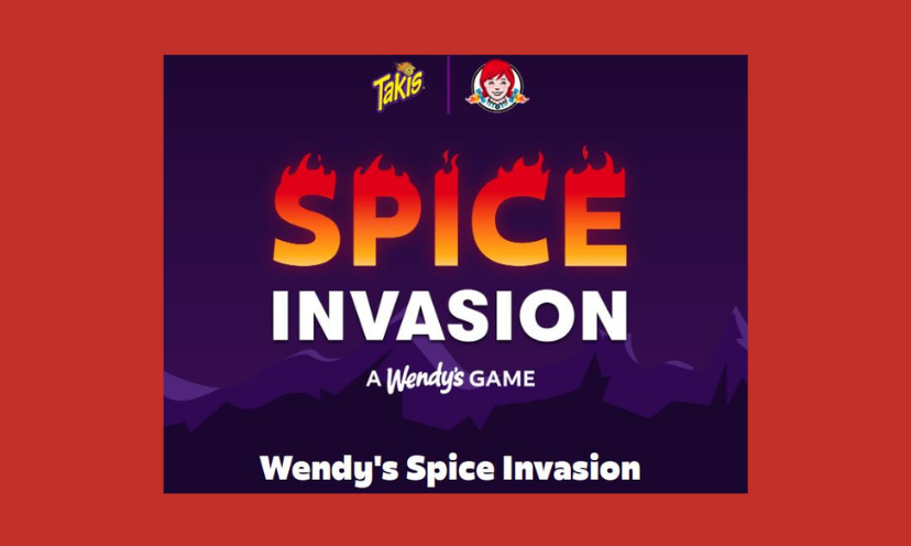 This bright and colorful photo with purple, orange, red and white gives a spicy look to a giveaway invitation. It has the Wendy's and Takis logo at the top, followed with the wording "SPICE INVASION, a Wendy's game". The word "spice" is topped with the appearance of flames. At the bottom is white lettering that says "Wendy's Spice Invasion"!