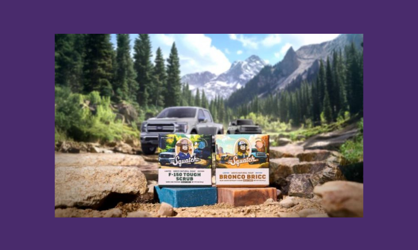 This sweepstakes photo features a Ford F150 behind a variety of Dr Squatch soaps. All of this is surrounded by jagged mountain scenery and pointed-topped pine trees!