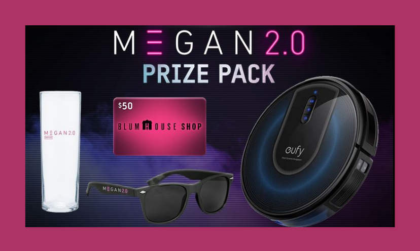This photo starts with the caption that says "MEGAN 2.0 Prize Pack". From there it features each prize in this giveaway...the robot vacuum, glasses, sunglasses and the gift card!