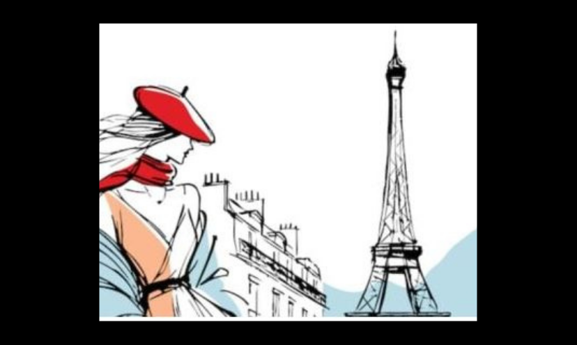 This photo is more of a drawing of a lady wearing a red beret as she looks at the Eiffel Tower in the not far off distance!