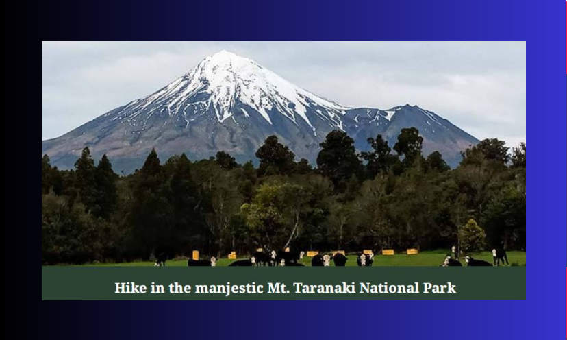 This prize being a trip to New Zealand, the photo here is that of a small portion of the country's beauty. It shows a gorgeous mountain shot surrounded by trees and cattle. The caption says "Hike in the majestic Mt. Taranaki National Park"!