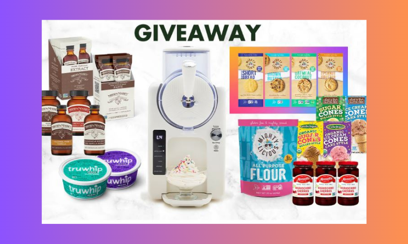 This photo starts with the word "GIVEAWAY" in bold, black print. It then shares each item in this giveaway including the ice cream maker, cones, toppings and flavorings!