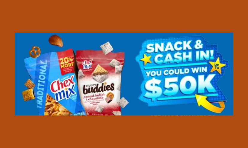 This photo starts with a huge caption that says "snack & cash in...you could win up to $50K"! It also adds two bags of Chex snacks...Chex Mix and Muddy Buddies!