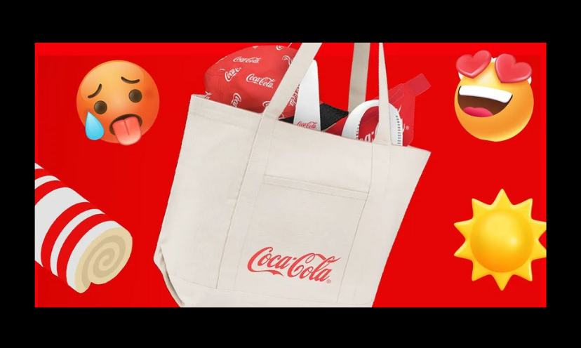 This whimsical photo features summertime themed emojis surrounding a Coca-Cola branded bag holding a bundle of prizes!