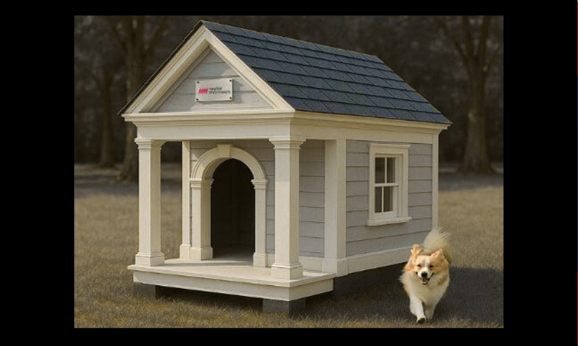 This is a photo of one of several custom dog houses available in this giveaway...complete with its proud furry owner!
