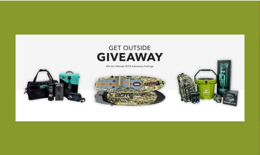 This photo shares everything in this paddle board giveaway. From the board itself to the outdoor accessories that keep you afloat all day on the water...it's all right here! The text says "Get Outside Giveaway" and "win the ultimate BOTE adventure package"!