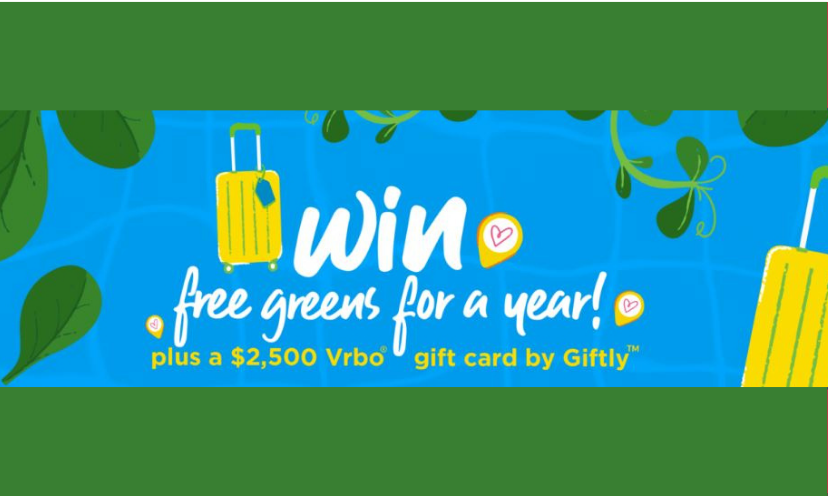 Here we have a photo featuring salad greens and suitcases. The caption says "Win free greens for a year plus a $2,500 Vrbo gift card from Giftly"!