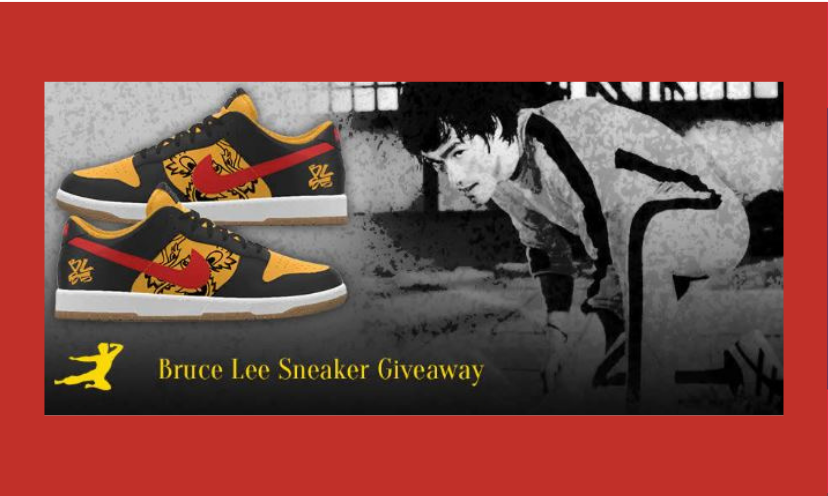 This photo features a black and white photo of the amazing Bruce Lee on the right and the dazzling and colorful Bruce Lee Sneakers in this giveaway on the left. The caption says "Bruce Lee Sneaker Giveaway"!