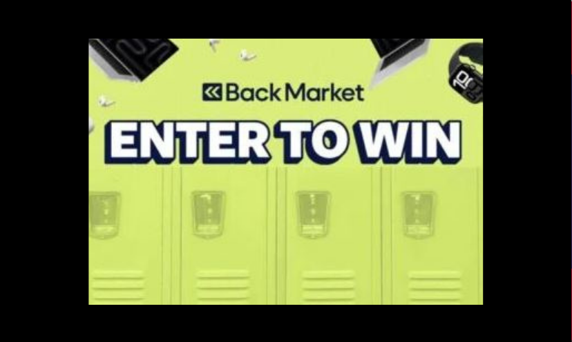 This photo starts with the phrase "Black Market ENTER TO WIN". It is a back to school themed giveaway and the photo shows glimpses of each prize...the Apple watch and laptop surrounding a row of school lockers!