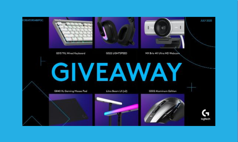This photo grabs attention with the neon blue wording that spells "GIVEAWAY". It is then surrounded by each prize in the winning package. That means the headset, webcam, wireless keypad, mouse, key lights and mouse pad!