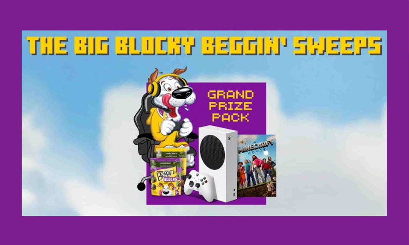 This photo starts with the words "The Big Blocky Beggin' Sweeps". It is followed by a happy pup image surrounded with all the prizes in this giveaway...from the Xbox to the pet treats!