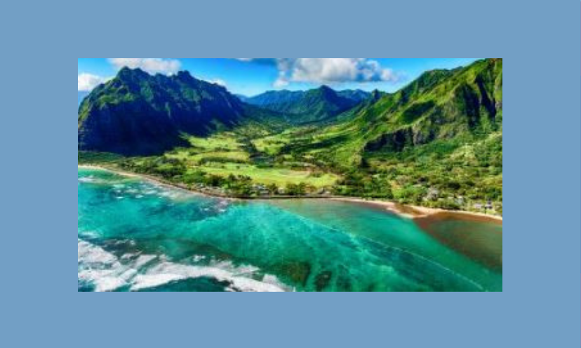 This photo captures the beauty of this giveaway destination...Oahu Hawaii! It features the breathtaking aqua waters of the ocean against rugged yet gorgeous mountains!