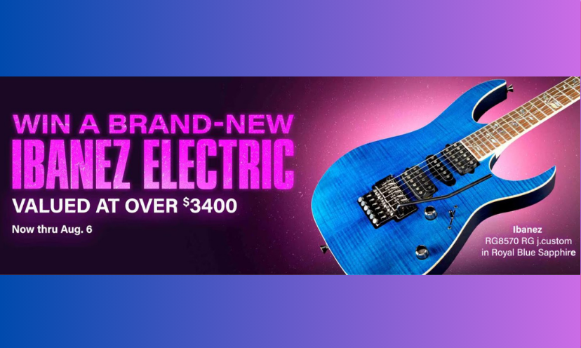 This photo is the official sweepstakes info featuring the beautiful blue guitar that's waiting to be won! The text says "win a brand new Ibanez electric valued at over $3,400"!