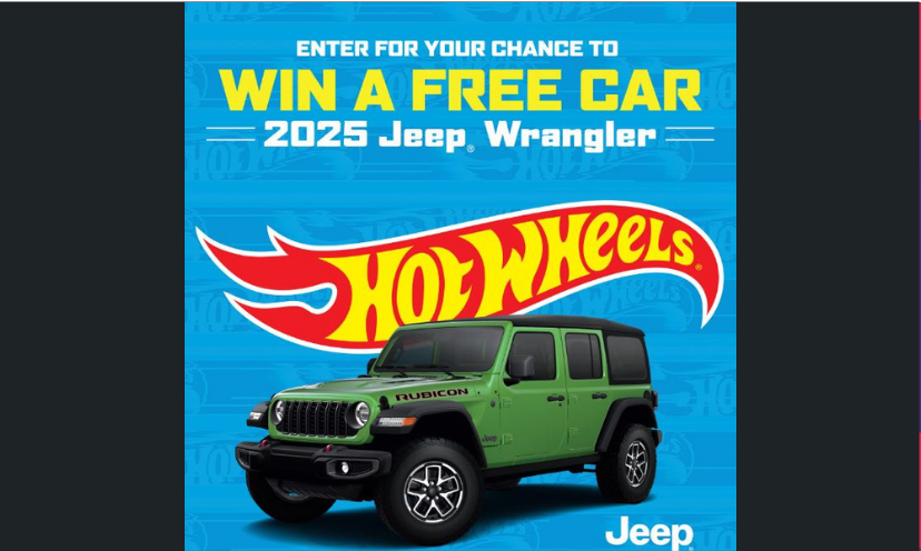 This photo shares an image of the Hot Wheels Jeep Wrangler in this giveaway. The caption says "enter for your chance to win a free car...2025 jeep Wrangler"!