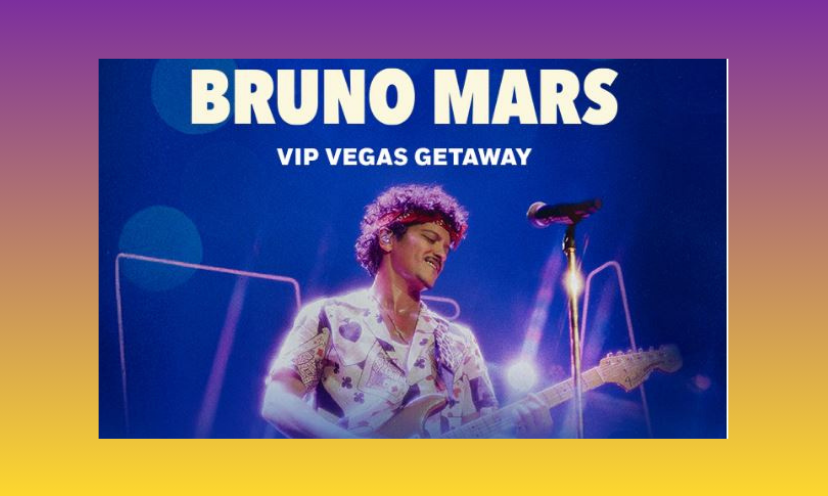 This photo features Bruno Mars in front of a microphone with guitar in hand. The caption says "Bruno Mars VIP Vegas Getaway"!
