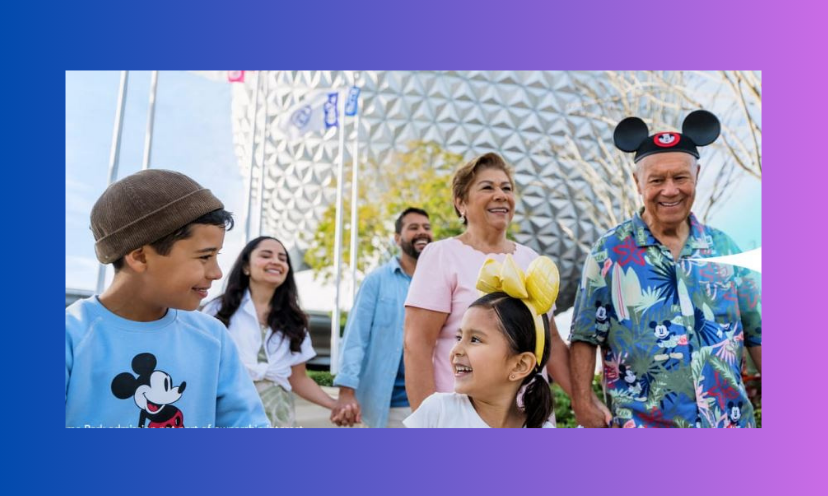 This is a photo of a smiling family of six immersing and enjoying the magic of Disney World in Orlando Florida!