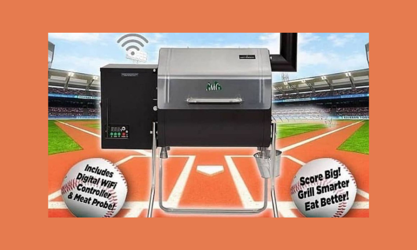 This is a photo of the Davy Crockett pellet grill in this giveaway. It is an image that appears to be sitting on a baseball field. There is a baseball on each side...one says "includes digital WiFi controller and meat probe" and the other says "Score big! Grill smarter and eat better!"