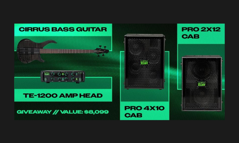 Here we have a photo that shows each part of this bass guitar giveaway. It includes the guitar, amplifier, cab and a reminder of the $8,099 value!